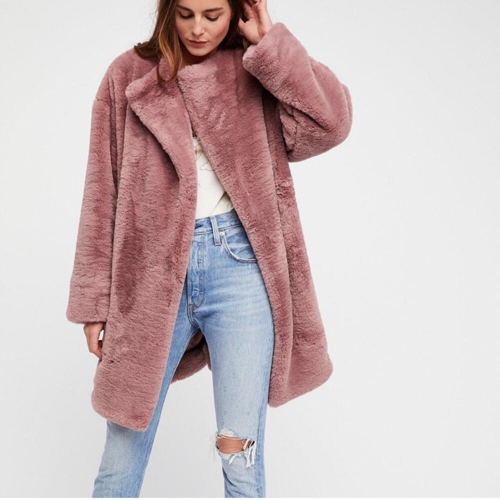 Free People Rita Pink Faux Fur Oversized Open Front Boho Jacket Women's XS Small
